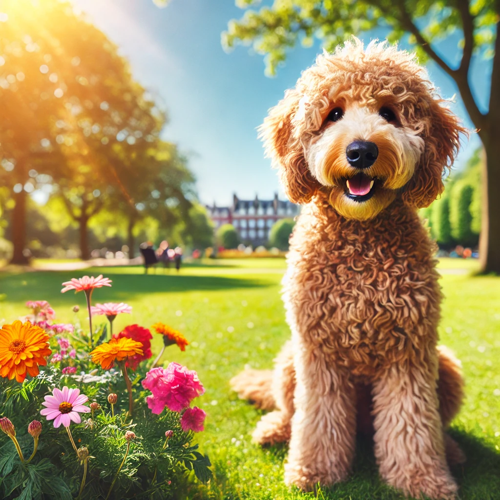 Australian-Labradoodle-dog-sitting-in-a-sunny-park-surrounded-by-colorful-flowers-